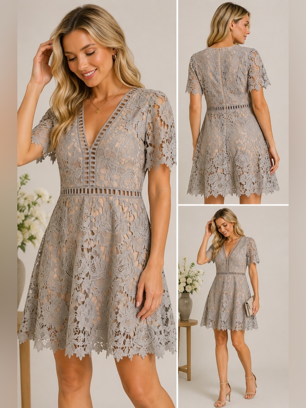NWT! ASTR The Label Light Grey Floral Lace Fit & Flare Romper 25463